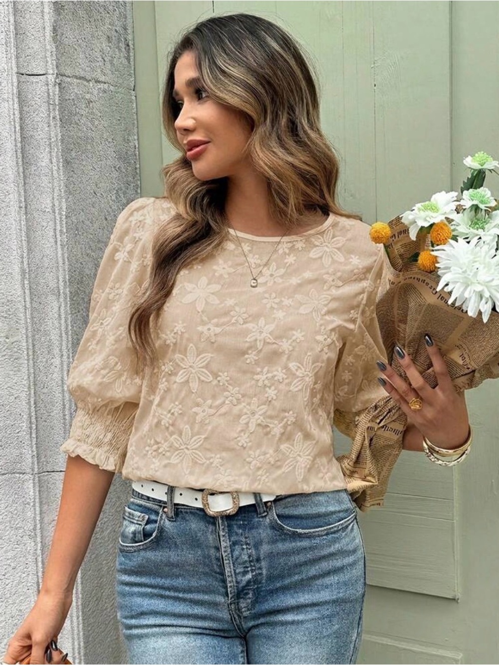 Women's Embroidered Puff Sleeve Top - Beige